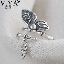 Rings V.YA Verstelbare vlinderring S925 Sterling Silver Open Ring For Women Bamboo Design Creative Female Jewely Cadeau