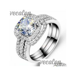 Anelli Vecalon Fashion Ring Cushion Cut 3Ct Cz Diamond 3In1 Band Set per le donne 10Kt White Gold Filled Engagement Drop Deliver Dhjkm