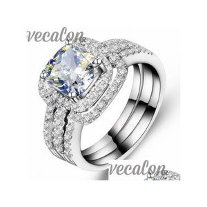 Anelli Vecalon Fashion Ring Cushion Cut 3Ct Cz Diamond 3In1 Band Set per le donne 10Kt White Gold Filled Engagement Drop Deliver Dhjkm
