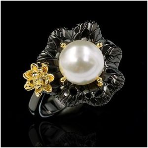 Anillos Vintage Femenino White Pearl Fin Ring Classic 14kt Black Gold Luxury Flor de lujo para mujeres Entrega de gotas Joyas Dhdjb