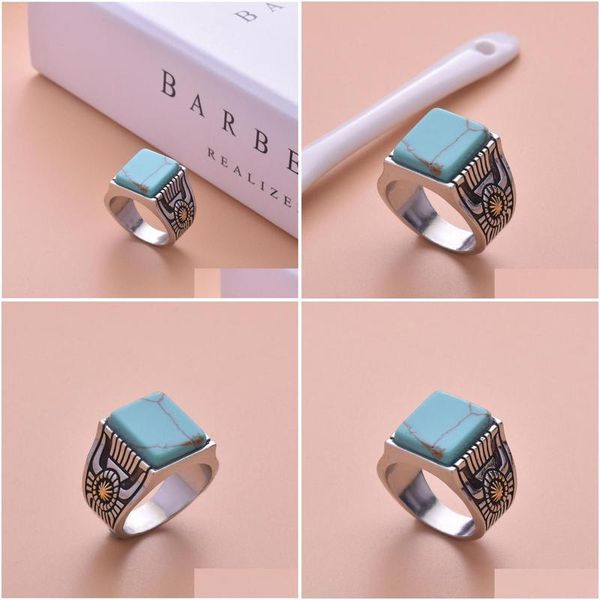 Anneaux Vintage Sier Couleur Métal Bohême Tournesol Bague Turquoises Bleu Pierre Fleur Doigt Pour Femmes Anel Parti Bijoux Cadeaux Drop Del Dhw2X