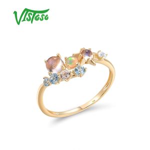 Anneaux Visoso véritable 14K 585 bague en or jaune pour les femmes scintillant opale bleu pierre de lune topaze bague délicate glamour à la mode bijoux fins