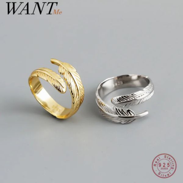 Anneaux WantMe Silver Ring Adjustable Fashion Fashion Feather 925 STERLING Silver Punk Open Ring pour les femmes Fine Gothic Men Bijoux Accessoires
