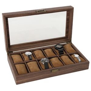 Boîte de montre pour bagues, présentoir organisateur pour bijoux pour hommes, support de montre marron, dessus en verre