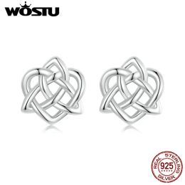 Ringen Wostu 925 Sterling Silver Hartschapte Keltische knoop Earring Studs Eenvoudig uitgehold ontwerp voor vrouwen Kerstfeestje Sieraden Gift