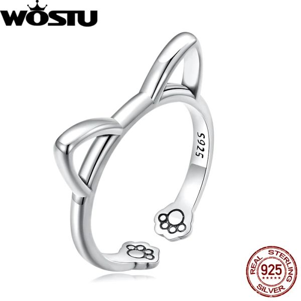 Anillos WOSTU-anillo ajustable de Plata de Ley 925 con forma de gato Simple para mujer, anillos abiertos de animales de plata S925, joyería fina para cumpleaños