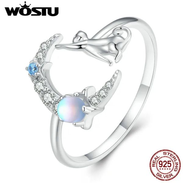 Anillos WOSTU Plata de Ley 925 auténtica anillos abiertos de piedra lunar para mujer, encantador anillo de cóctel ajustable con forma de gato y Luna, joyería para fiesta, regalo R315