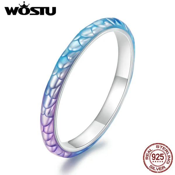 Anillos Wostu Real 925 STERLING SIMPLE Simple Rainbow Fish Escala de pescado Anillos para mujeres Bi Color Band Ring Girl Jewelry Regalo Minimalista