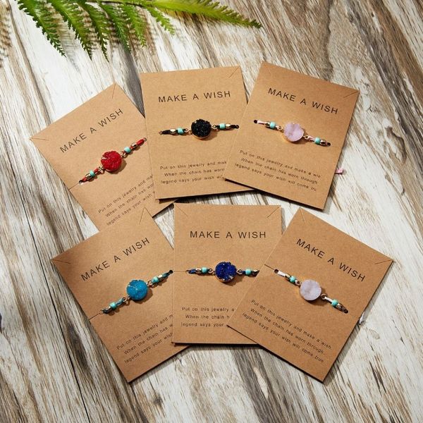 Rinhoo pide un deseo, pulsera de tarjeta de papel tejida con piedra Natural colorida, pulseras de hilo rojo de la suerte ajustables, joyería de moda para mujer 316P