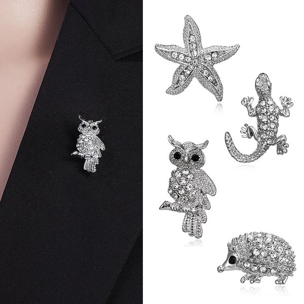 Rinhoo Retro cristal plata Color Animal broches para mujer boda romántica fiesta de diamantes de imitación búho estrella de mar erizo broche Pin