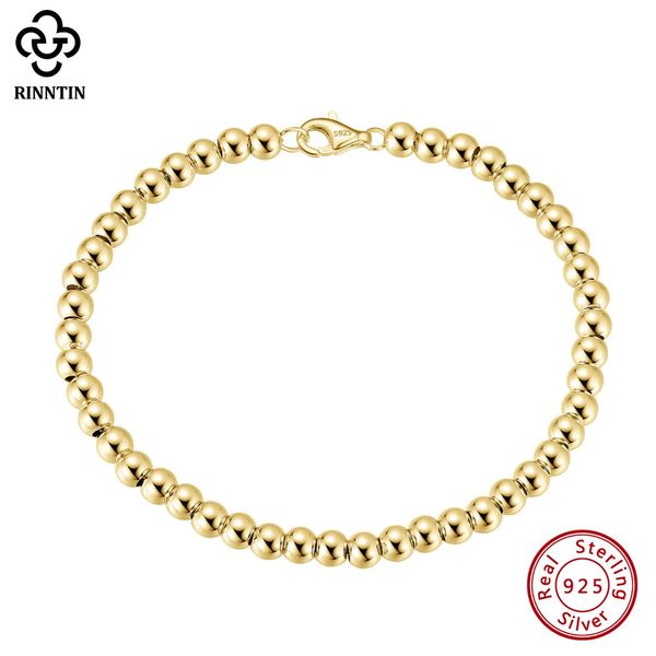 Rinntin 14K or 925 argent Sterling 4mm perle boule brin chaîne Bracelet pour les femmes à la mode Bracelets faits à la main bijoux SB103 240118