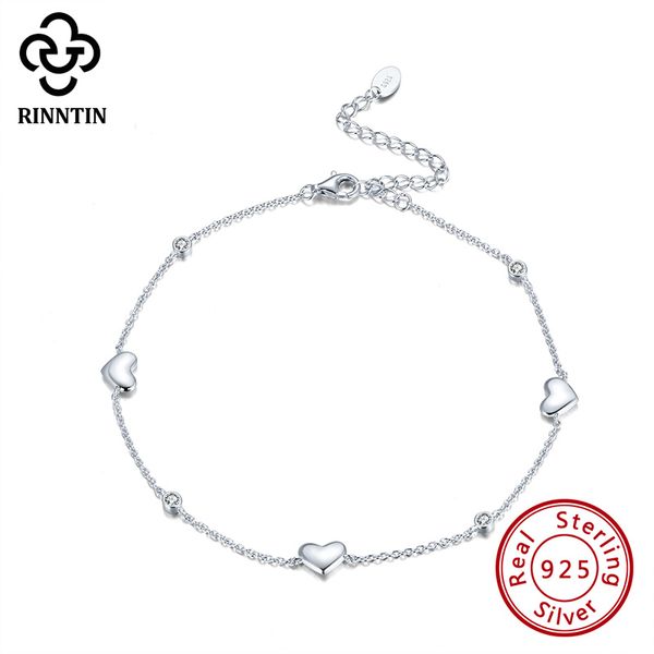 Rinntin 925 Sterling Silver Cheville Coeur Forme Conception Femmes Jambe Bijoux 22 + 5 cm AAAA Zircone Anniversaire Cadeau pour Filles TSA01