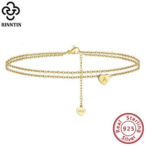 RINNTIN 925 Lettre de mode en argent sterling bracelet à coeur initial pour femmes 14k bracelet de chaîne de cheville en or