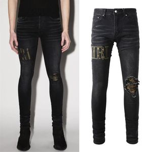 Scheurzwarte denimjeans Zwaaiende schade Bleekmiddel Uitgewassen Versleten Slim Fit Grote maat 38269P