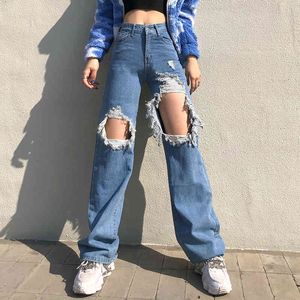 Ripped Blue Straight Y2k Jeans voor meisjes Baggy Vrouwelijke Casual Dames Vintage Denim Broek Hoge Taille Broek Harajuku Capri 210415