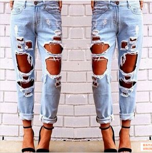 Gescheurde denim joggers kniegaten slim fit jeans voor dames Blue Rock Star Womens jumpsuit vernietigd vriendje potlood broek rechte pijp jeans