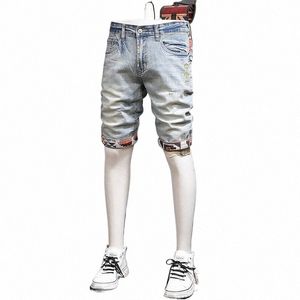 Short en jean déchiré hommes Fi Plaid Patchwork Jeans courts Streetwear Casual bleu clair Cott pantalon droit k1oQ #