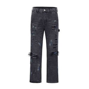 Gescheurd noodlijdend gat verzwakte streetwear heren denim broek retro harajuku geschilderde inkt splash rechte baggy casual jeans broek T220803