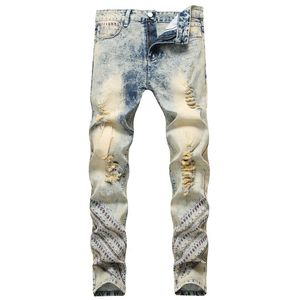 Geript geborduurde jeans voor mannen lichte kleur nostalgic pantalon homme Jean street biker denim broek rechte stretch broek