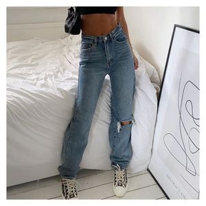 Ripped for Cargo Pantals Women Mom Jean High Taist Fashion Holes Fin Fime Femme Baggy Jeans Long Denim Tablers 201029