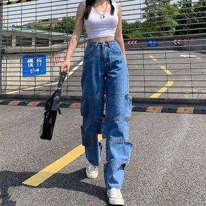 Ripped Hole Blue Woman Jeans Otoño Pantalones de cintura alta Ahueca hacia fuera Long Straight Denim Y2K Pantalones Mujer Capris Streetwear 210415