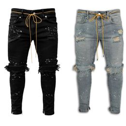 Gatgat jeans voor mannen hiphop lading broek verontrusten licht blauwe spijkerbroeken magere mannen kleding kleren volledige lengte herfstbroek 240420