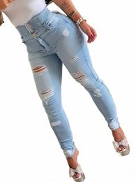 Trous déchirés Jeans skinny décontractés Automne, poches SL Distred Single-Breasted Butt High Taille Denim Pantalon N9aE #