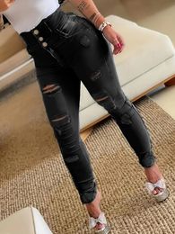 Gescheurde gaten casual skinny jeans schuine zakken bedekte single -breasted button hoge taille denim broek dames 231221