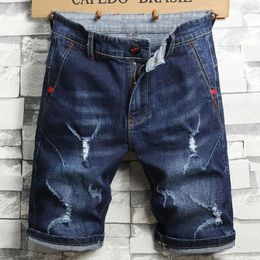 Gescheurde gaten denim katoen mannen shorts broek zomer hiphop slank zwarte zwarte knie-lengte jeans zacht blauwe mannelijke casual broek heren heren