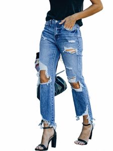 Trous déchirés Wed Jeans droits, poches inclinées, pantalons en denim à ourlet effiloché, vêtements en jean pour femmes Q6lJ #