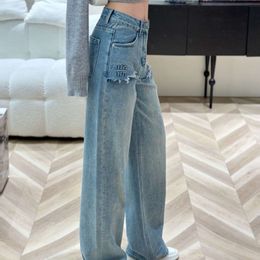 Pantalones vaqueros rasgados pantalones de diseñador para mujer moda empalme carta gráfico pantalones de mezclilla pantalones de mezclilla rectos sueltos ocasionales