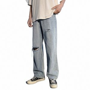 Jeans déchirés pour hommes hombre hommes été 2021 nouveau pantalon droit ample de rue tendance coréenne Capris hip hop streetwear X39L #