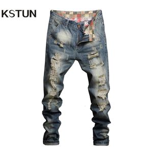 Geripte jeans voor mannen recht los fit lente en zomer holle straatkleding hiphop broek heren fietser noodlijden 240417