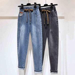 Gescheurde jeans voor vrouwen hoge taille plus size trekkoord volle lengte losse denim vrouwelijke harembroek 210629