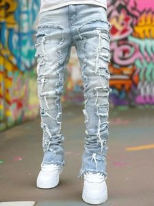 Jeans déchirés mâle rétro tendance de la mode de rue mode épisser mince hommes polyvalents pantalons denim consécutifs décontractés 240426