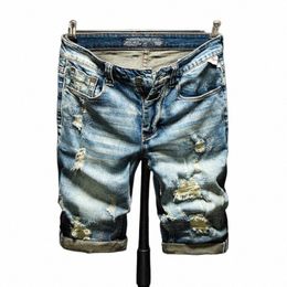 Jeans déchirés Hommes Denim Shorts Pantalons Rétro Bleu Stretch Slim Fit 2023 Été Hip Hop Streetwear Jeans déchirés pour homme Shorts l4XT #