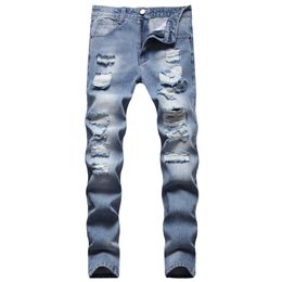 Déchiré Jeans Hommes Droite Slim Fit Couleur Claire Coton Denim Pantalon Mode Casual Mutil Trous Pantalon Pantalones Taille 28-42