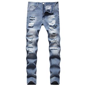 Gescheurde jeans heren recht slanke fit licht kleur katoenen denim broek mode casual mutil gaten broek pantalones maat 28-42