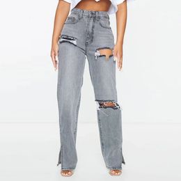 Jeans rasgados Mujeres Pantalones de mezclilla Pantalones rectos Femenino Femenino División División Boyfriend Vaquero Corte de rodilla Corte ropa 240412