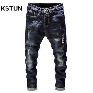 Ripped Men Jeans Dark Blue Stretch Slim Fit Destroyed Broken Holes Pantalones de mezclilla Casual Biker Jeans Hombre Hip hop Mens Punk Jeans 210318