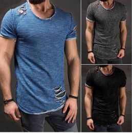 Ripped Hommes Slim Fit Muscle O Col Distressed T trou New Hot Tops Shirt Casual manches courtes effilochées T-shirts Taille Plus 4XL