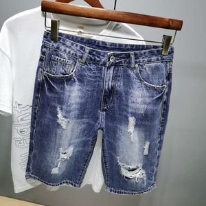 Geripte mannen zomer donkerblauw los fit denim shorts man hiphop verontruste holes korte mannelijke jeans hombre oversized