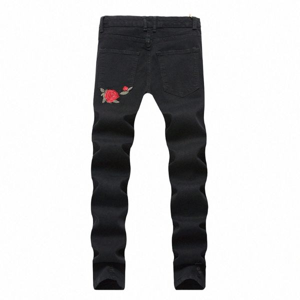 Jeans ajustados para hombre rasgados para hombres con FRS Rose Dril de algodón bordado para hombre Pantalones vaqueros de estiramiento negro Tallas grandes 40 42 Pantalones n6rb #