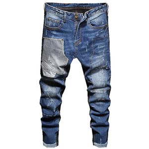Gescheurde patchkleur bijpassende broek stretch heren jeans gewassen blauwe streetwear slanke denim broek pantalons pour hommes