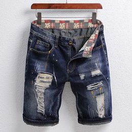 Ripped Patch Short Jeans Mens Summer Raggedy Five Cent Beggar Denim Pantalon British Style High Quality Trend Mens Jeans 240412