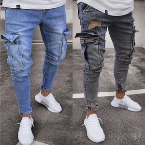 Déchiré poche bleu couleur unie Denim hommes mince mode haute rue Biker mâle pantalons longs crayon pantalon jean