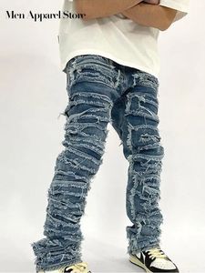 Ripped Retro Hole noodlijdende jeans voor mannen Casual recht gewassen Harajuku Hop denim broek Autumn Vibe lange broek Mens kleding 240420