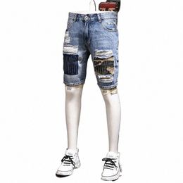 Jeans courts déchirés pour hommes, Streetwear, patchs de camouflage, Shorts en Denim, été Fi décontracté, bleu, pantalon droit régulier, longueur au genou, 57r6 #