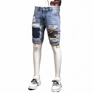 Gescheurde Korte Jeans Mannen Streetwear Camoue Patches Denim Shorts Zomer Fi Casual Blauw Regelmatige Rechte Knielengte Broek 57r6 #