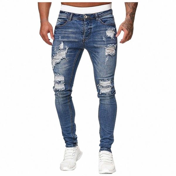 Pantalones vaqueros ajustados rasgados Fi Street Style Hombres Vintage W Sólido Pantalón de mezclilla para hombre Casual Slim Fit Lápiz Pantalones de mezclilla Venta caliente 71xy #